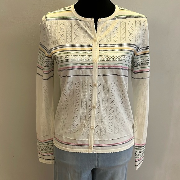 Carlisle Sweaters - Carlisle Collection Pointelle Cardigan, size S, off white w pink green black
